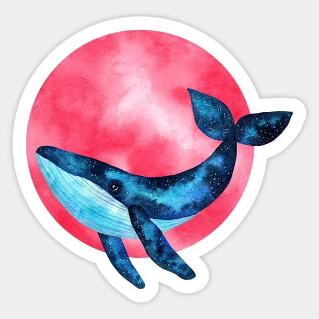 Cute space blue whale illustration with pink moon bubble Sticker by Ieva Li ART